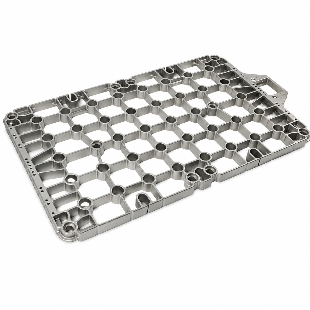 Rectangular furnace tray with an open grid and raised perimeter
