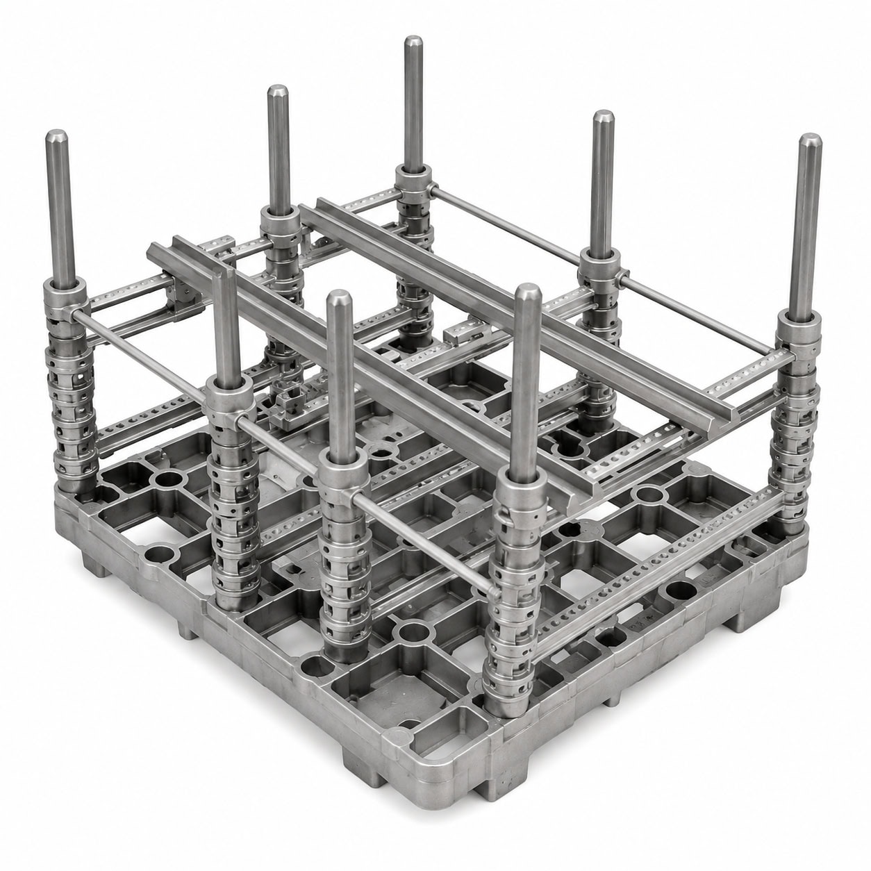 Rectangular frame heat treatment fixture with crossbars and vertical positioning posts