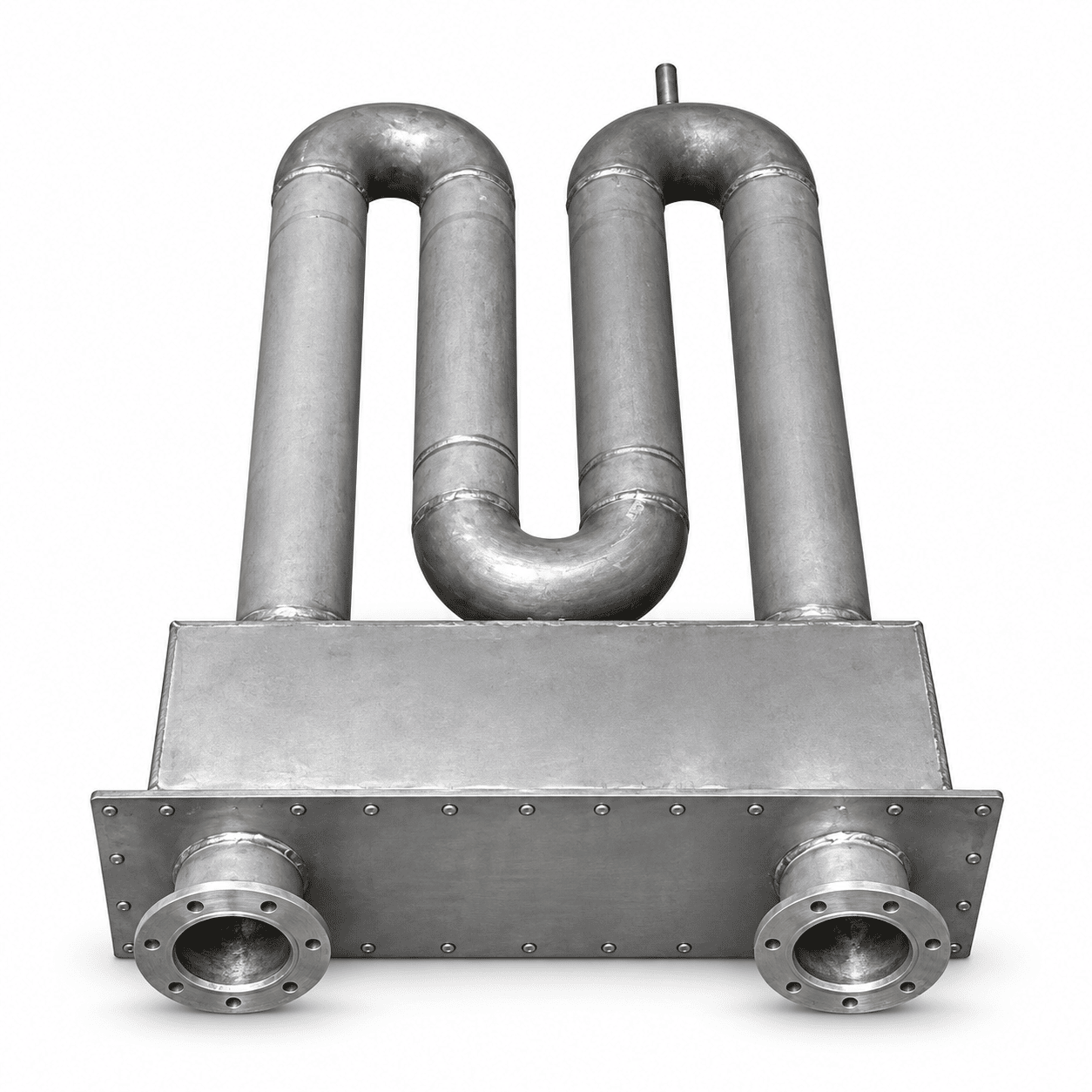 W-shaped radiant tube assembly with two flanged connections and a mounting plate