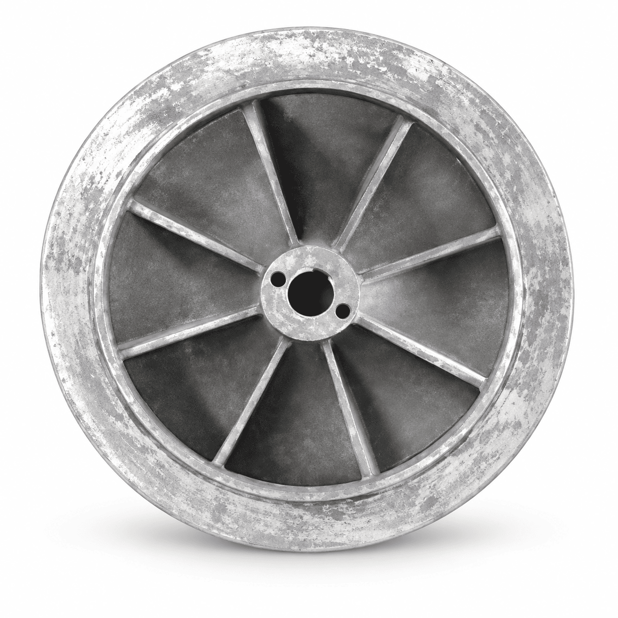 Shrouded furnace fan impeller with radial blades and a central shaft opening