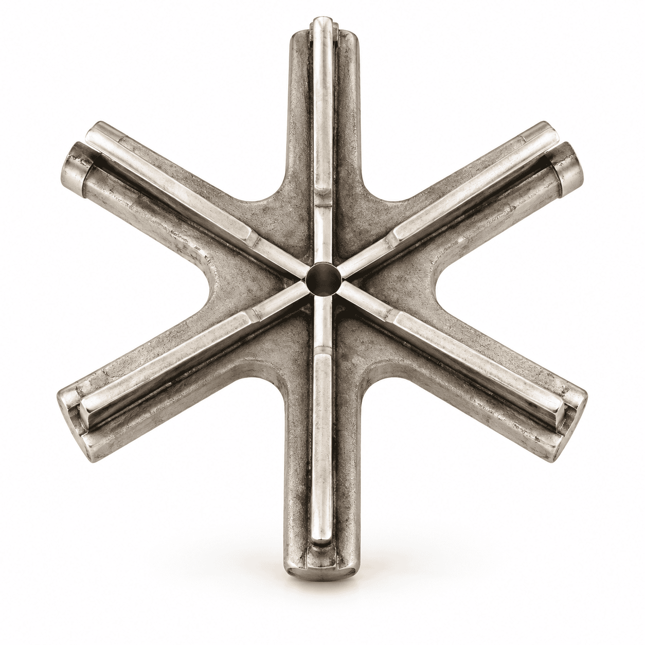 Six-arm furnace fan hub with recessed radial arms and reinforcing ribs