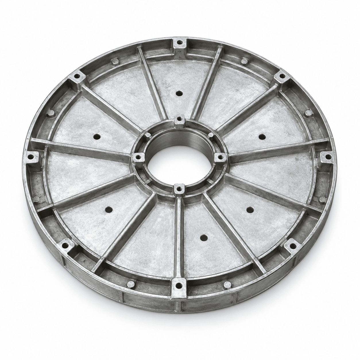 Round furnace plate with radial reinforcing ribs, a central opening and mounting holes