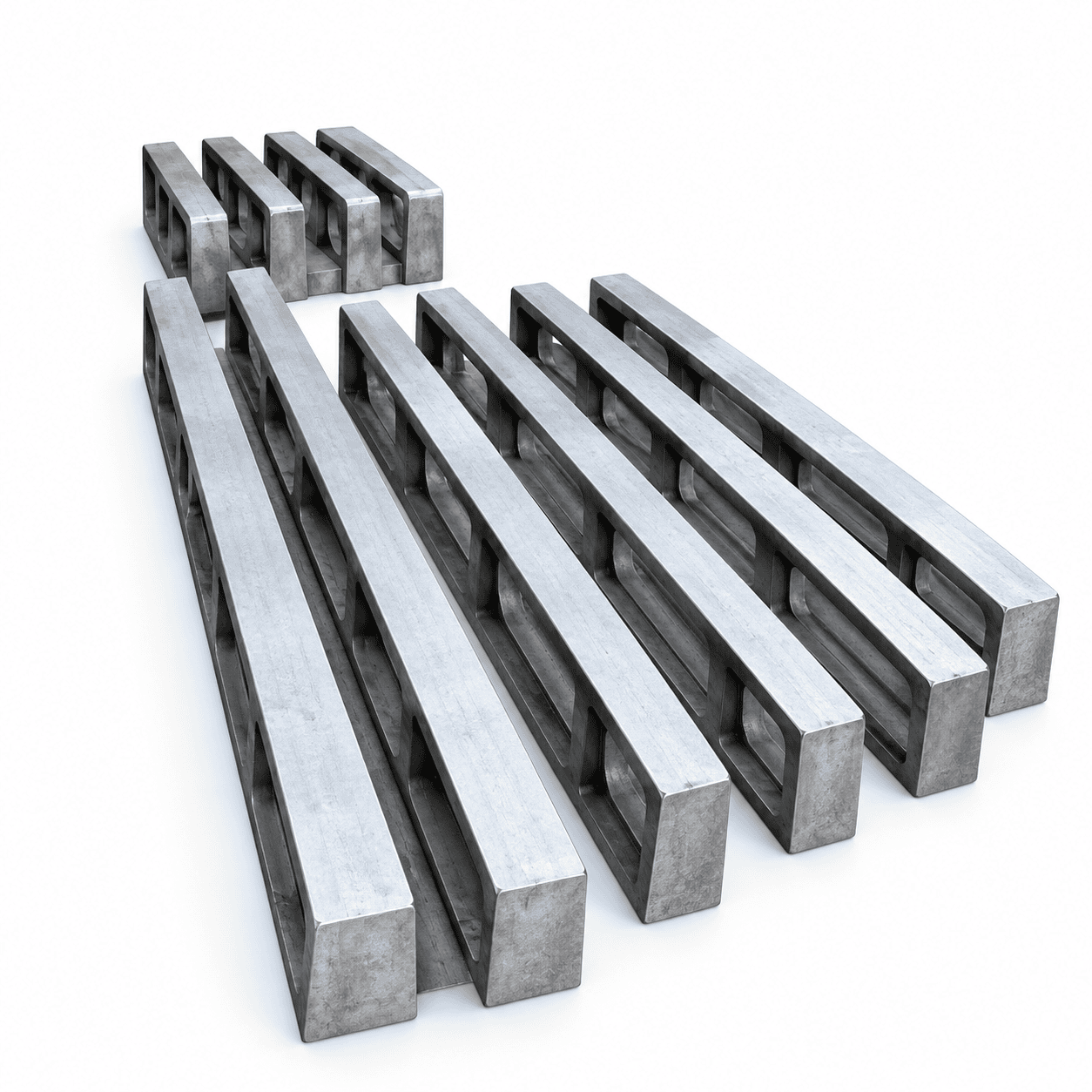 Straight furnace support bars with longitudinal slots and grouped end blocks
