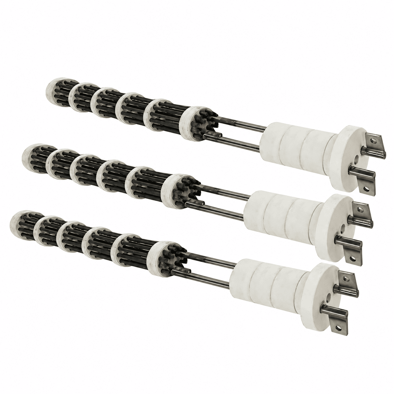 Three straight furnace heating assemblies with spaced circular discs and end connectors