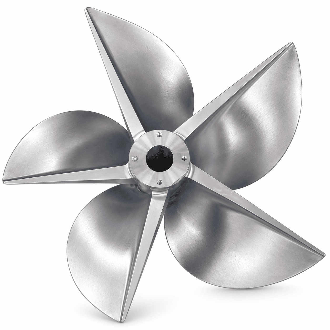 Five-blade axial furnace fan impeller with curved blades and a central shaft bore