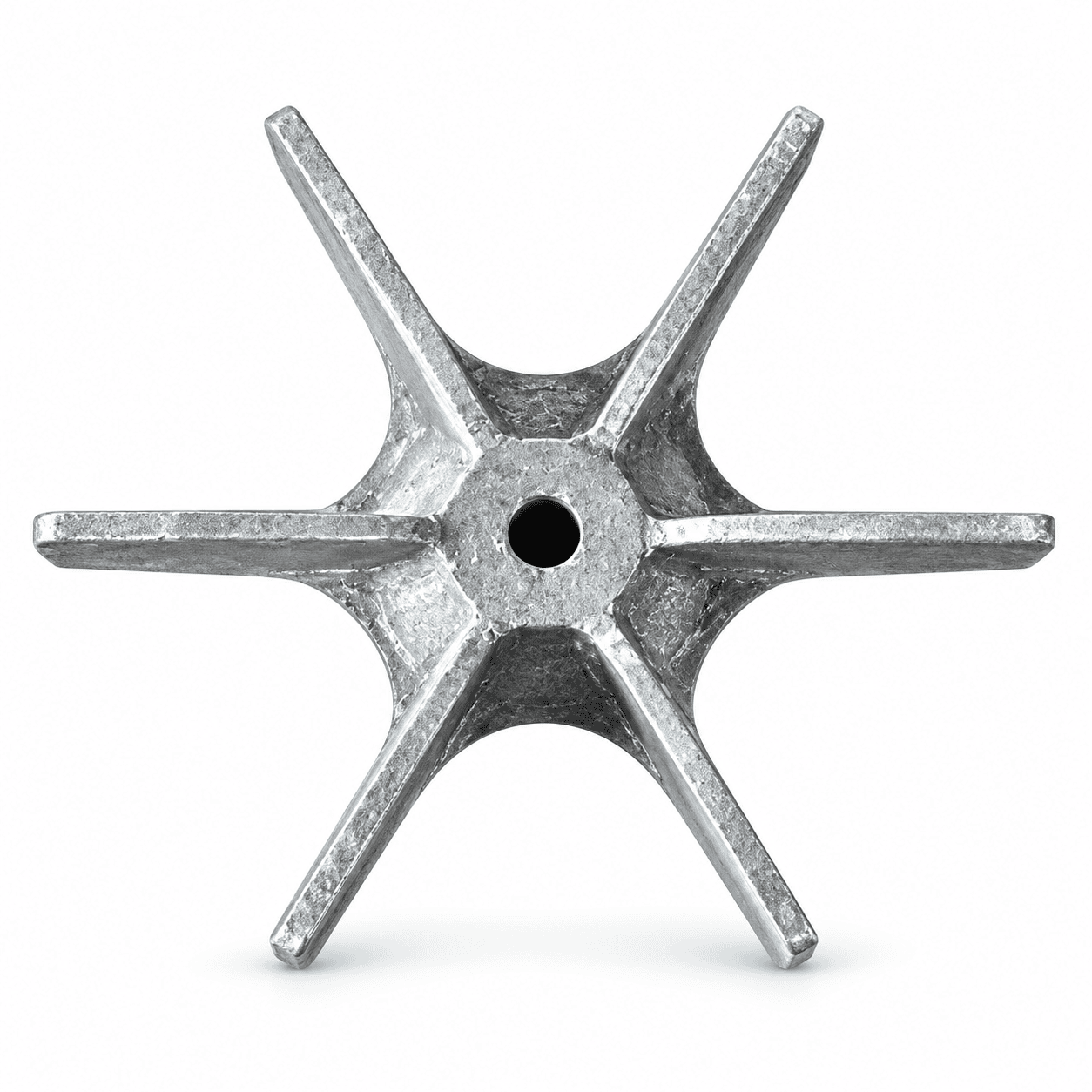 Six-arm furnace fan hub with a central bore and radial blade mounting arms