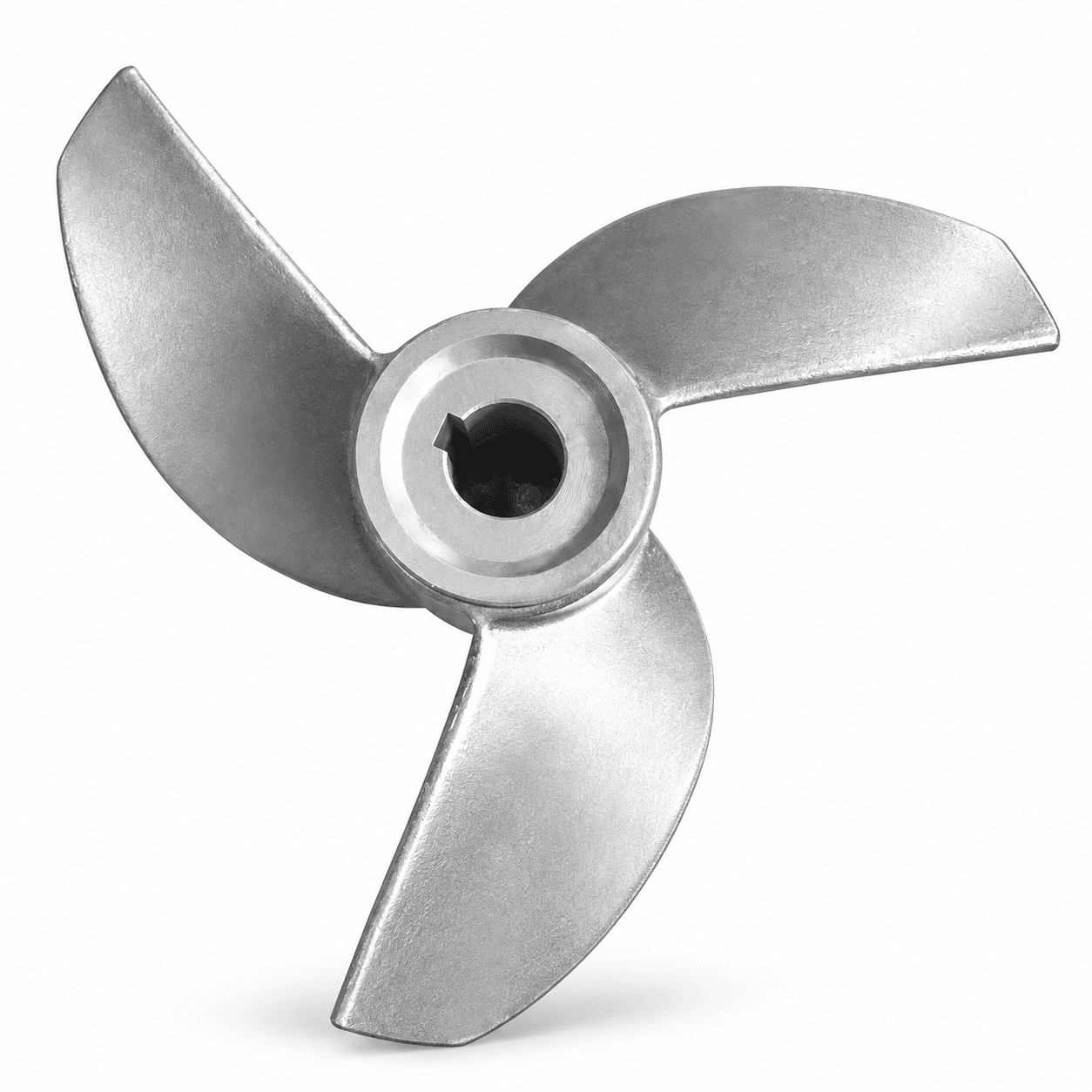Three-blade axial furnace fan impeller with curved blades and a central hub