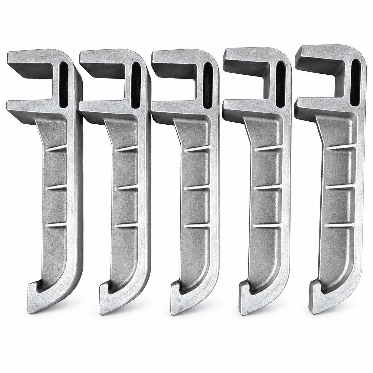 Five curved furnace support components with reinforcing ribs and open rectangular heads