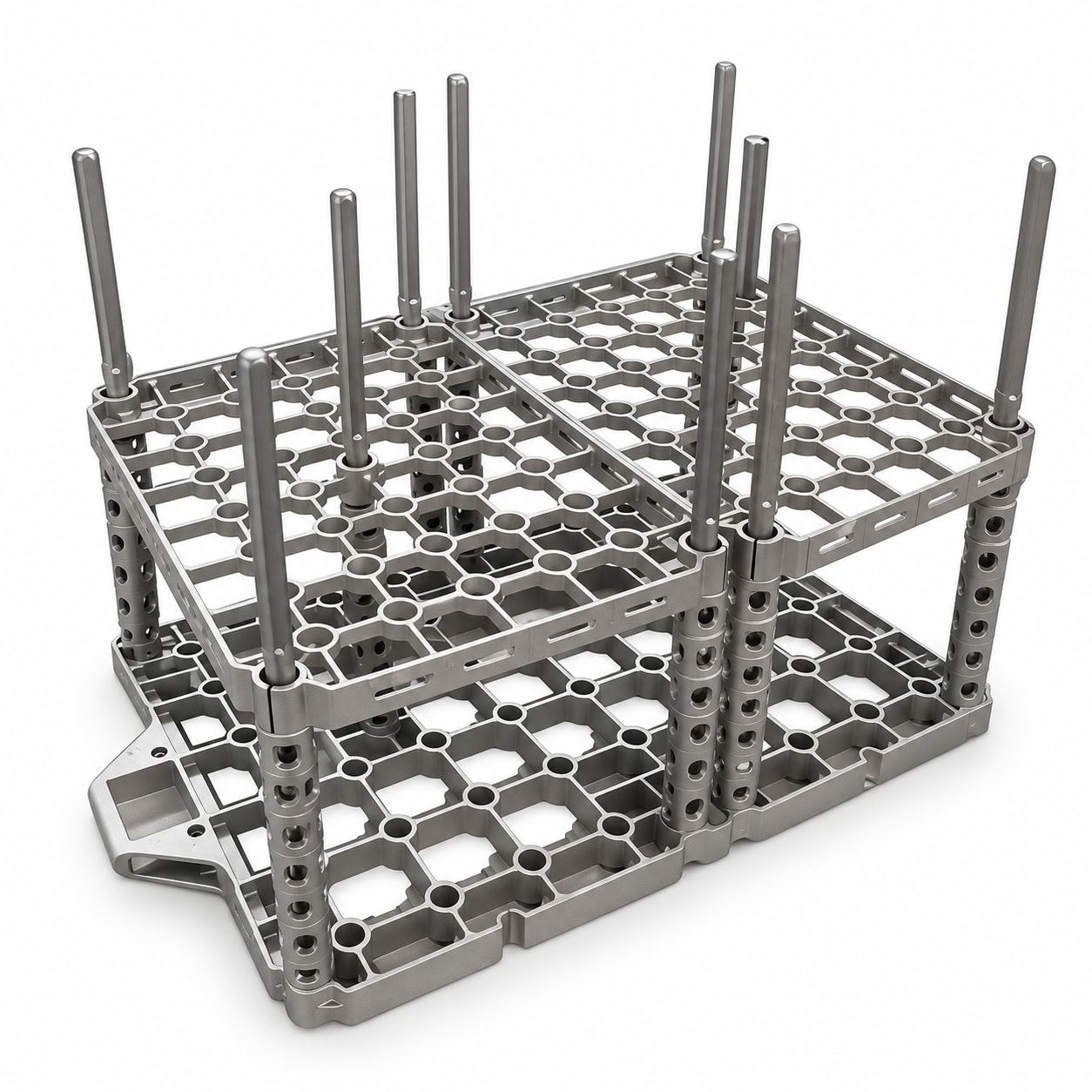 Two-level furnace fixture with open-grid trays and vertical support posts