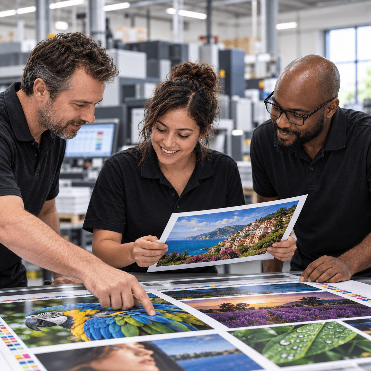 Illustrative image of printing professionals checking colorful proofs