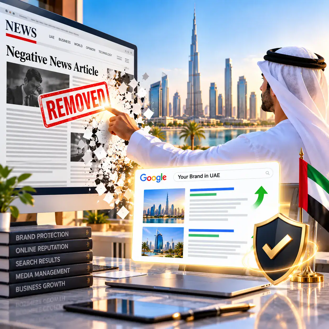 Negative news article marked removed, with improved Google results for a UAE brand and a reputation protection shield