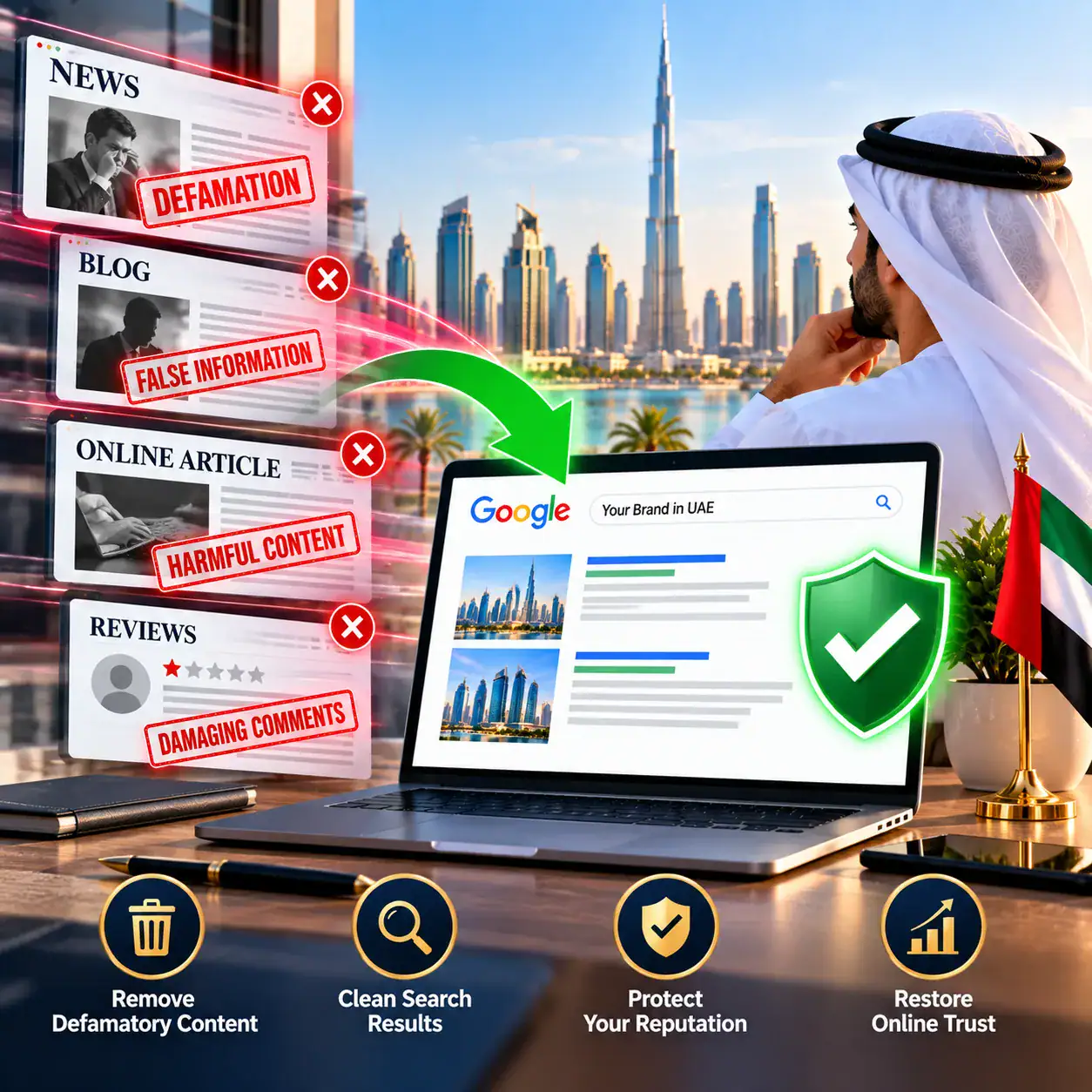 Defamatory news, blog, article and review content being removed and replaced with clean Google results for a UAE brand