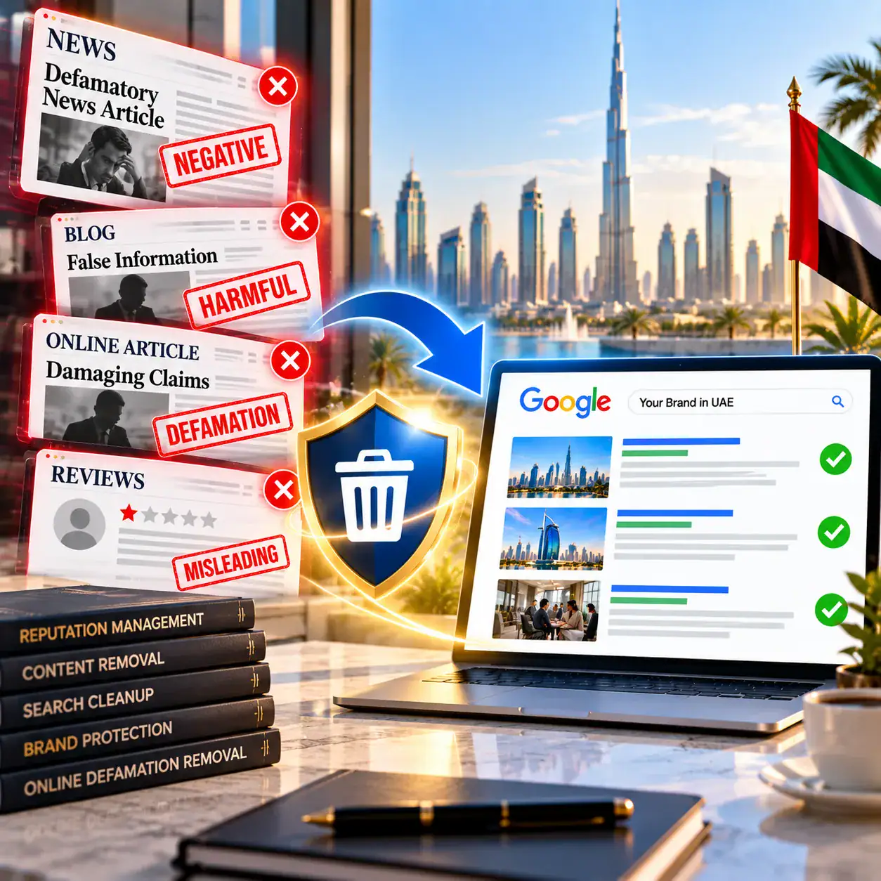Defamatory and misleading online content in Dubai removed, with positive Google results and a brand protection shield