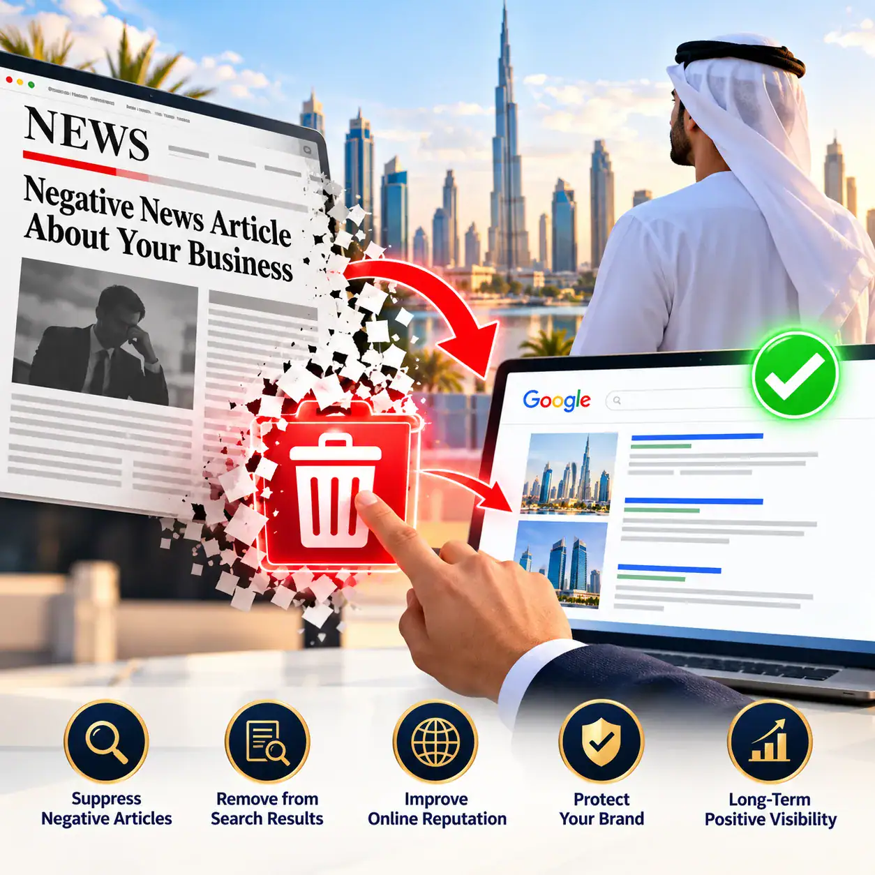 Negative news article about a business being deleted and replaced with positive Google search results, with the Dubai skyline behind