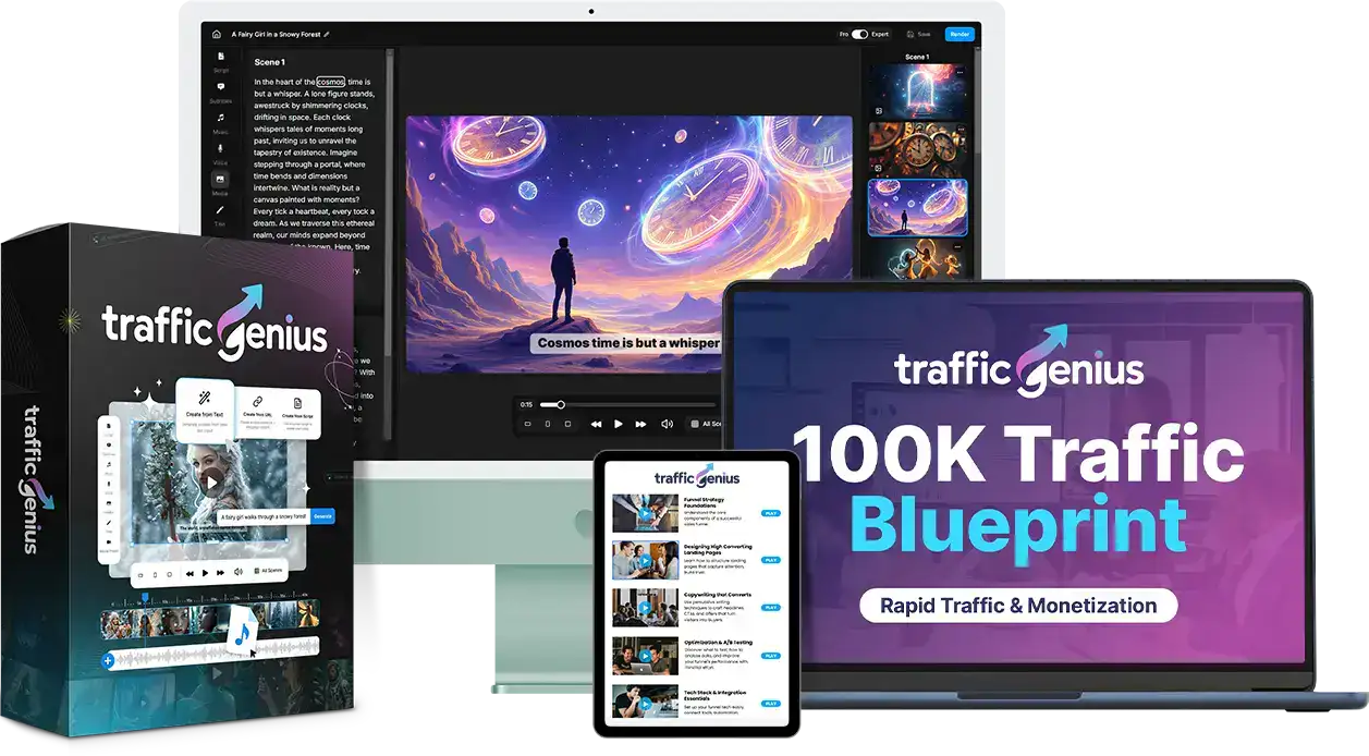 Interfața software Traffic Genius 2026 pentru generarea de vizitatori și vânzări automate prin inteligență artificială.