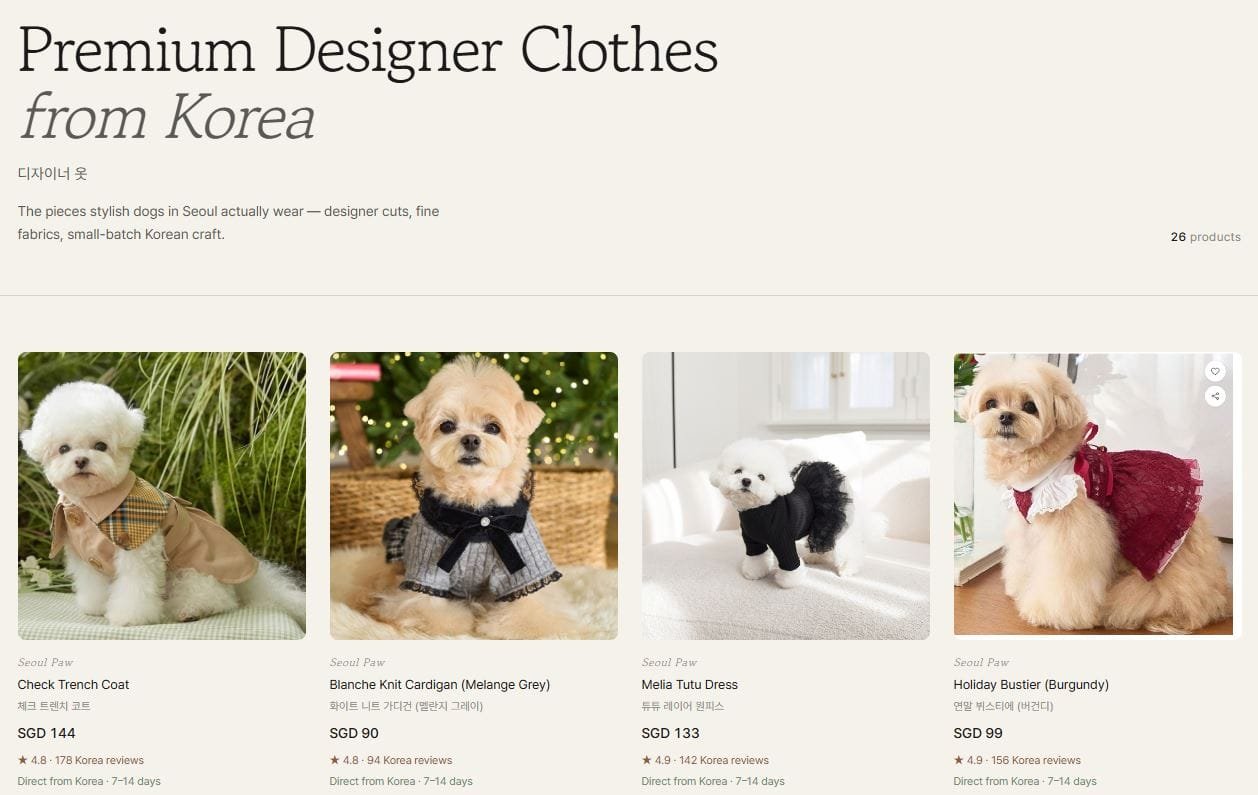 Seoulpaw premium Korean designer pet clothing brand offering stylish, high-quality outfits for pets