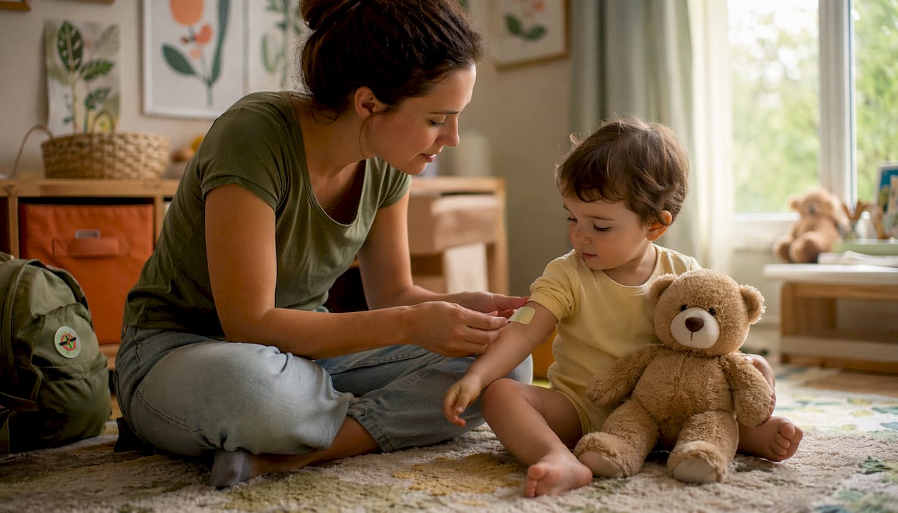 Mother applying itch relief patch on toddler