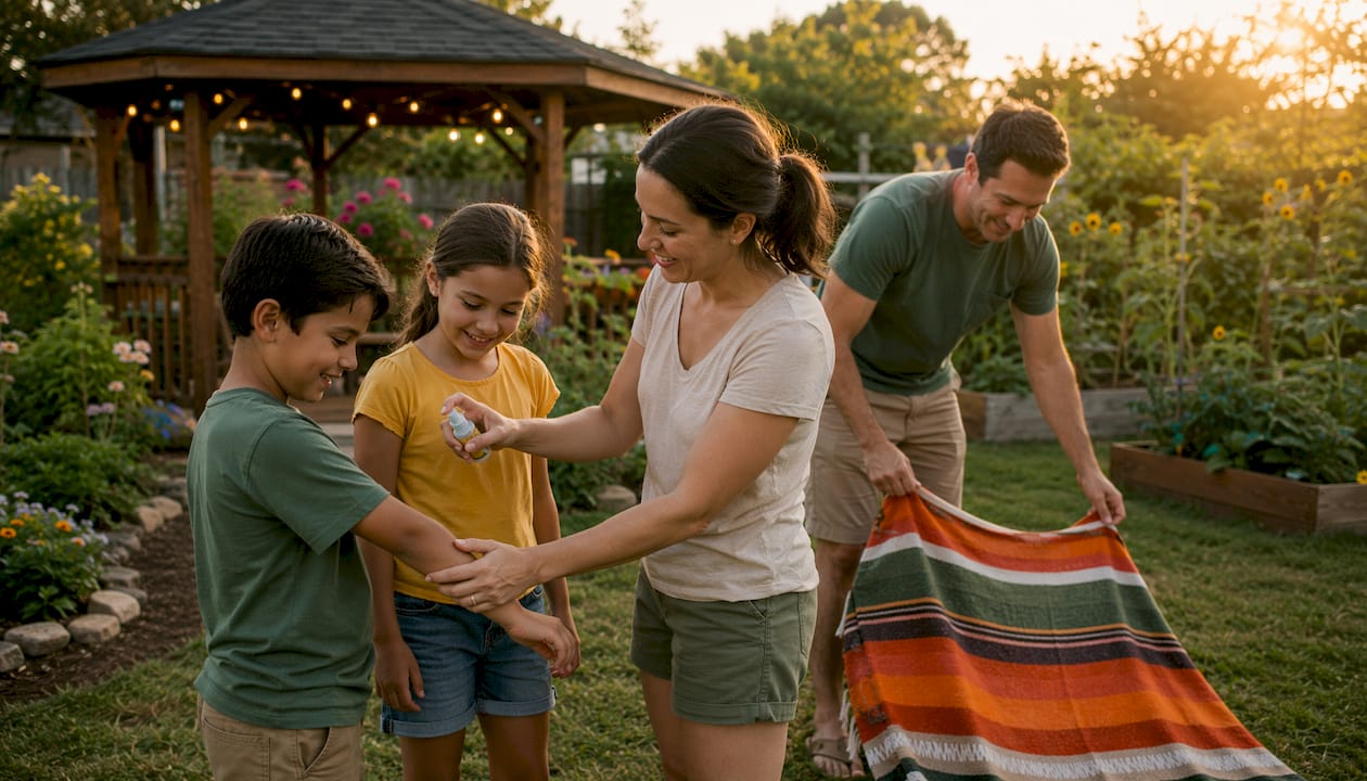 Family applying plant-based insect repellent in yard