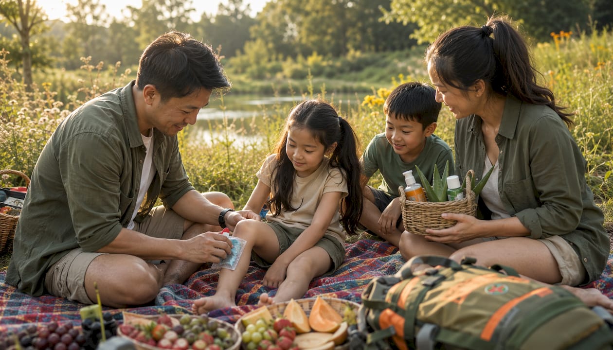 Family applying natural itch relief outdoors