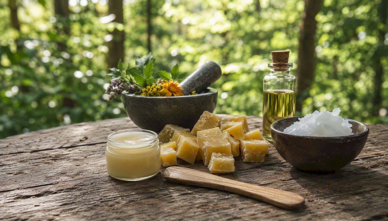 Close-up of natural balm ingredients and preparation tools