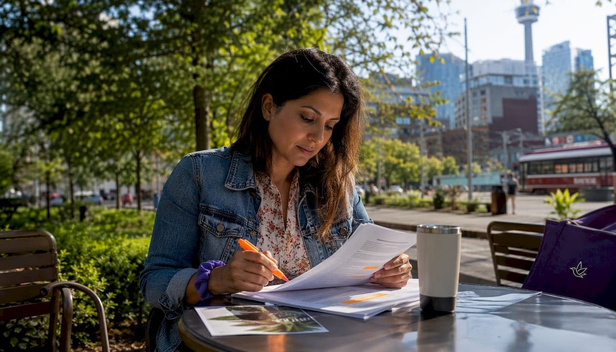 Woman reading cannabis lounge regulations in café