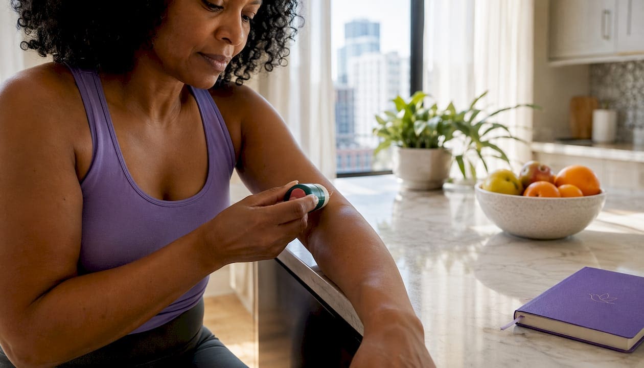 Woman applying CBD pain stick on arm at home