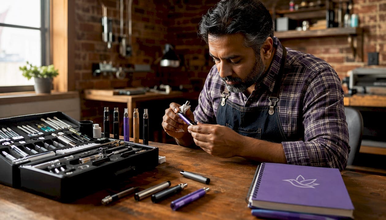 Hands adjusting 510 thread vape batteries on workbench