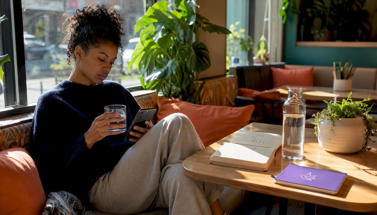 Tired woman sitting on bed with glass of water
