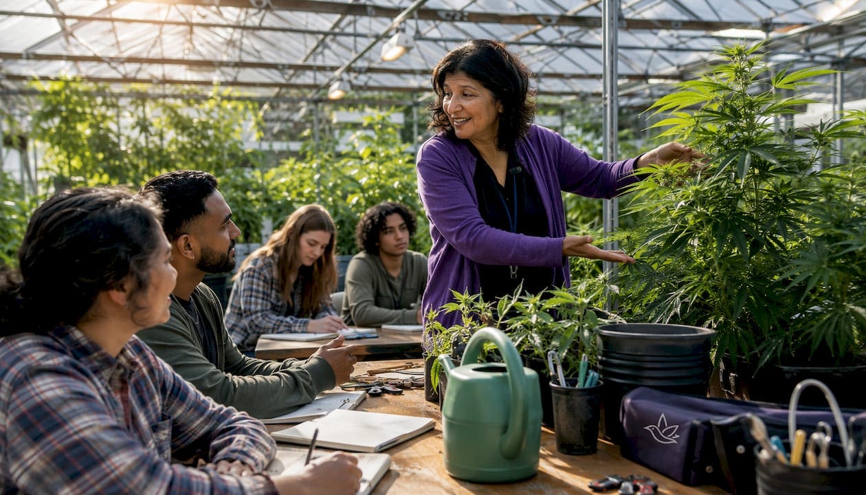 Instructor demonstrating cannabis plant in classroom