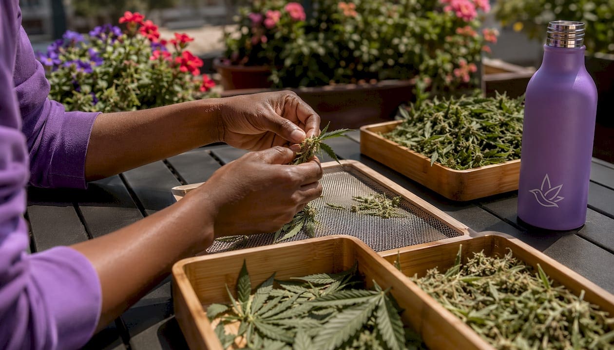 Hands sorting cannabis trim on wooden table