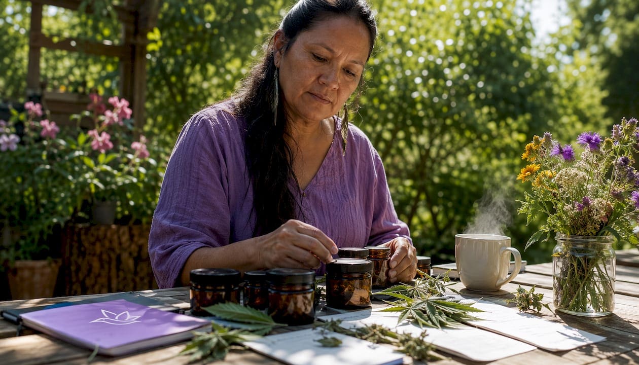 Woman reviewing cannabis wellness products at home