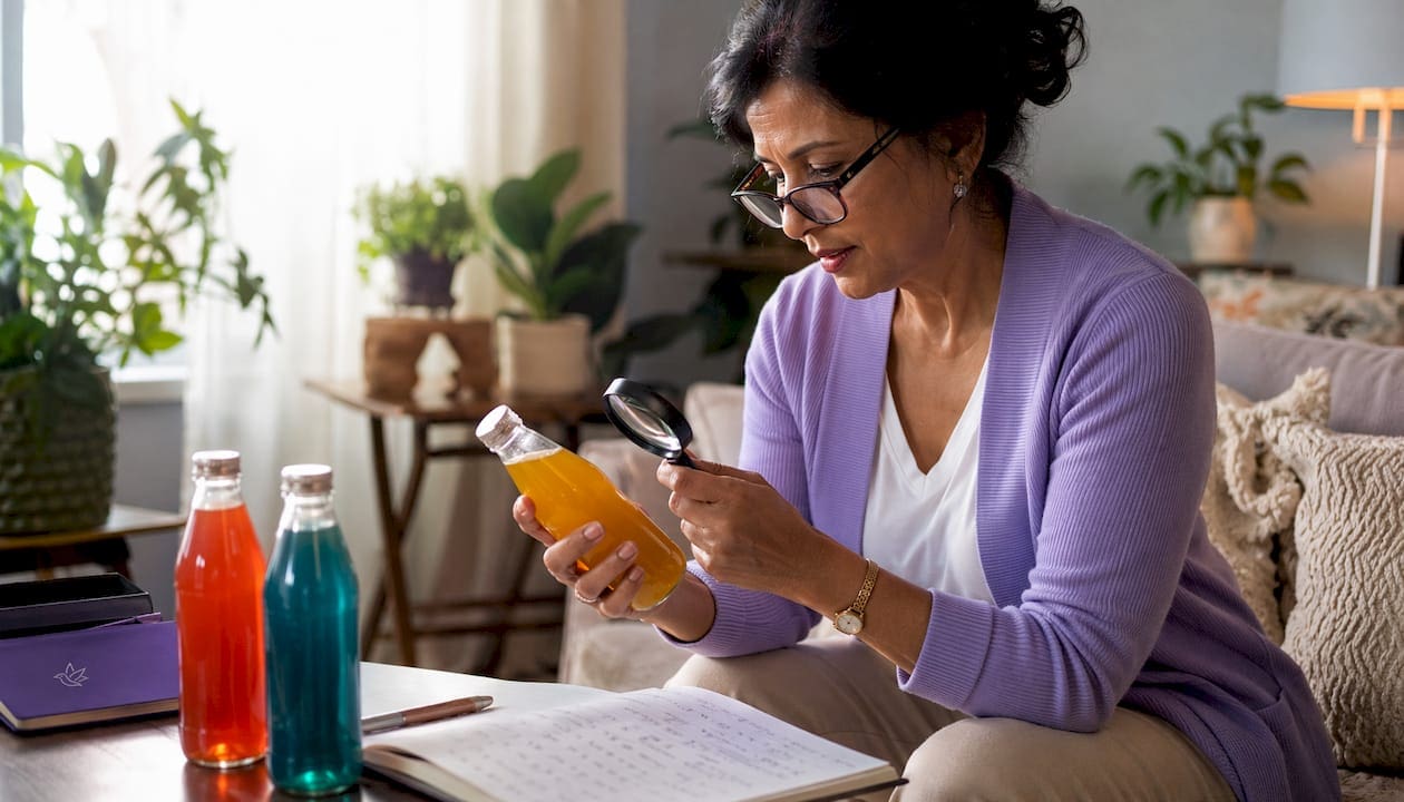 Woman reading cannabis beverage label at kitchen table