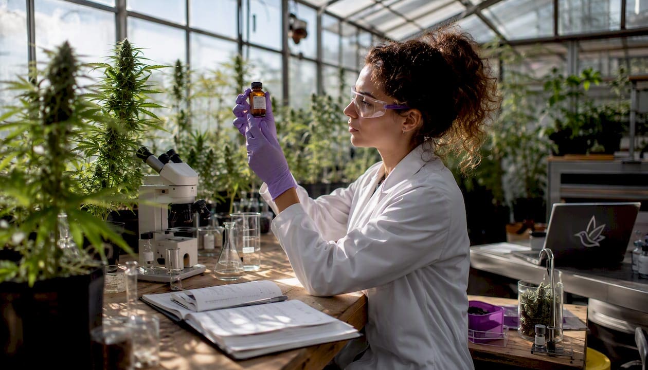 Scientist examining myrcene vial in lab