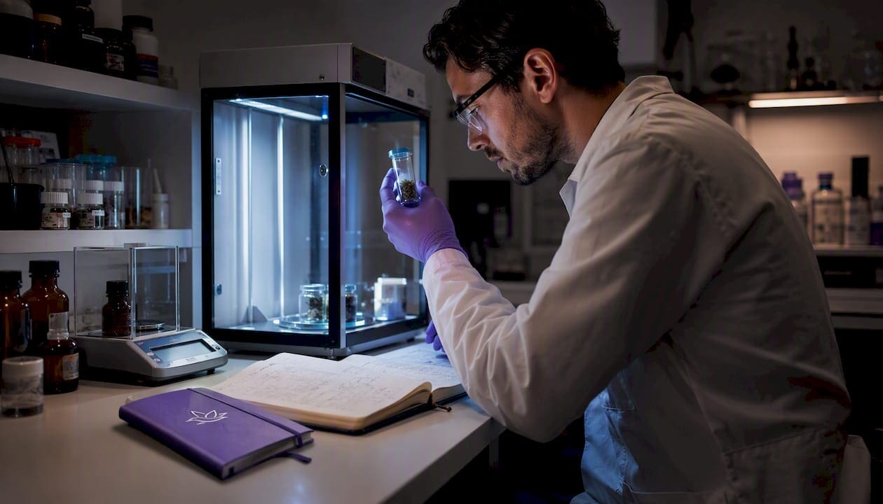 Scientist testing cannabis degradation under UV light