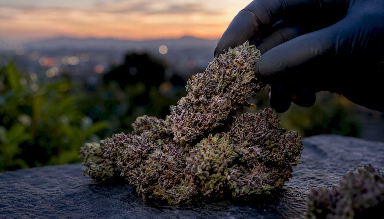 Close-up trimming of Purple Funk cannabis buds