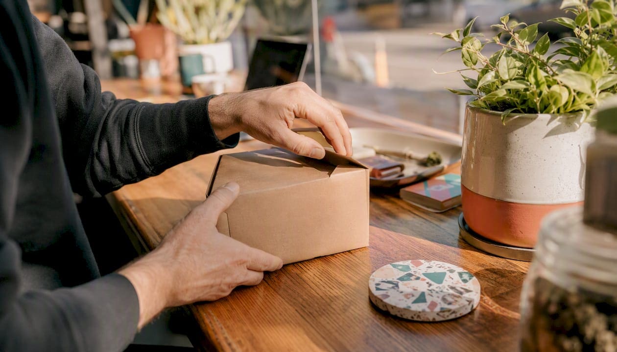 Hands opening cannabis delivery package