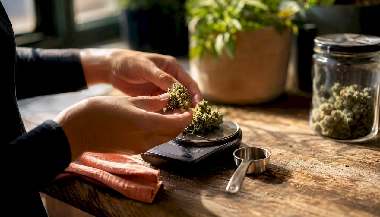 Hands weighing cannabis on digital scale