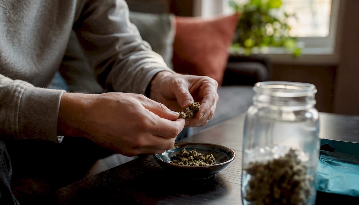 Hands preparing cannabis flower at home table