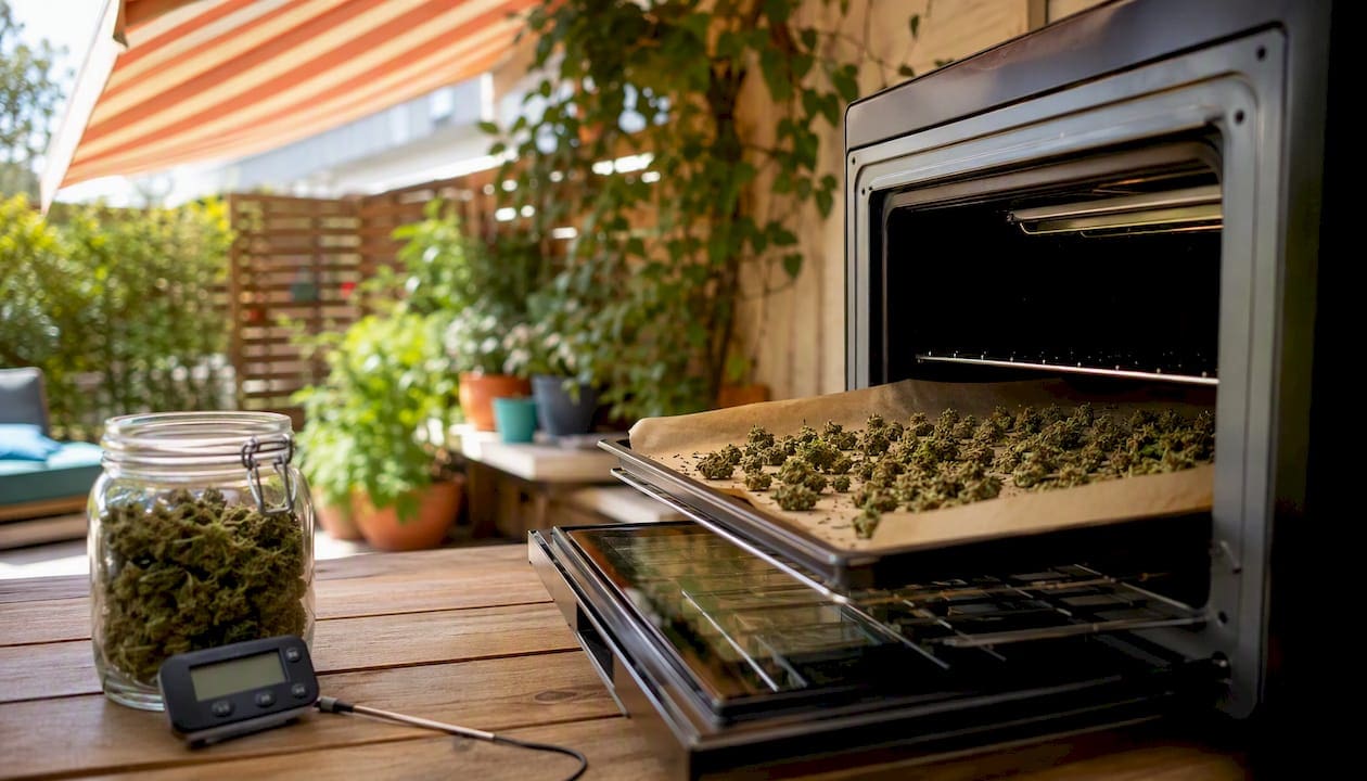 Cannabis flower baking on parchment in oven