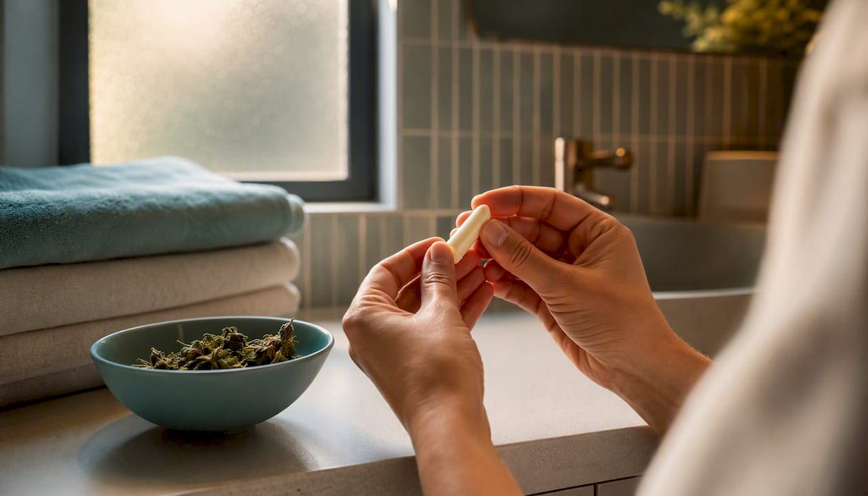 Hands holding cannabis suppository for rectal use