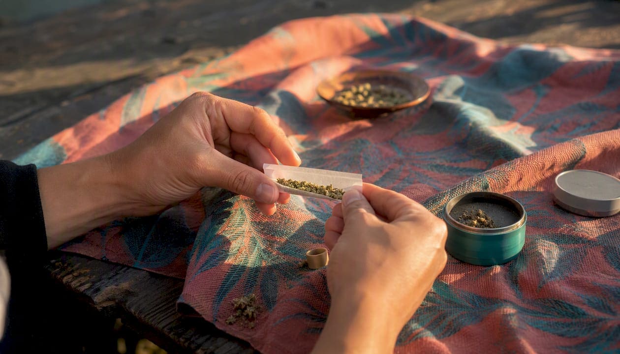 Hands rolling a cannabis joint on wood table