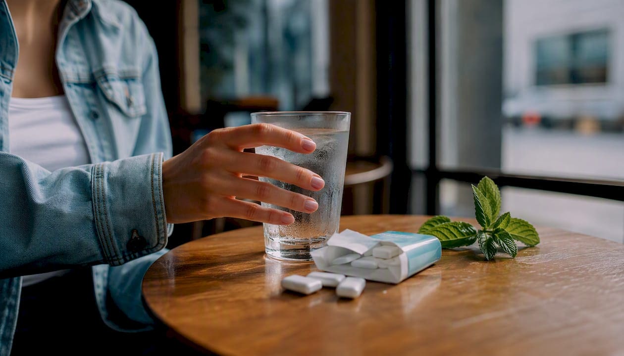 Hand holding glass of water and sour candies nearby