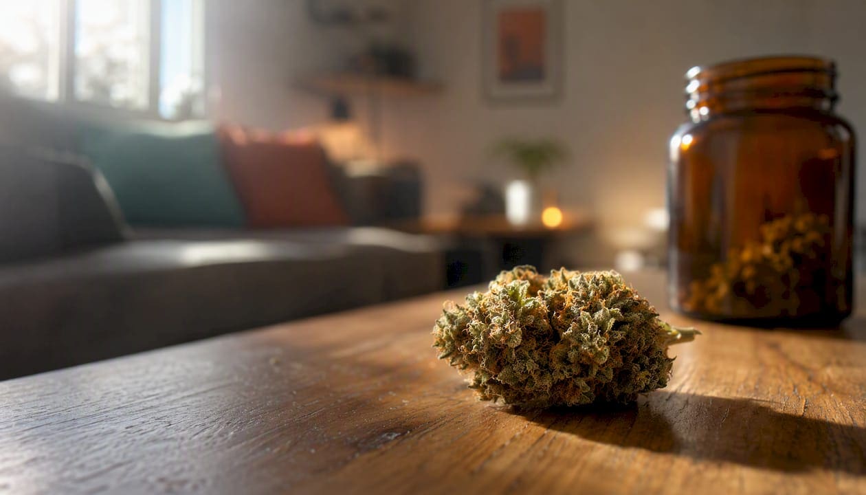 Close-up of cannabis bud with trichomes