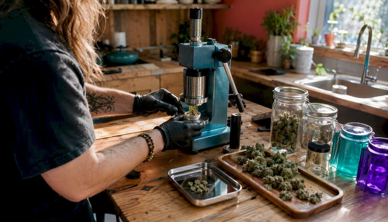 Un artisan extrait le rosin à partir de fleurs de cannabis grâce à une presse spécialisée.