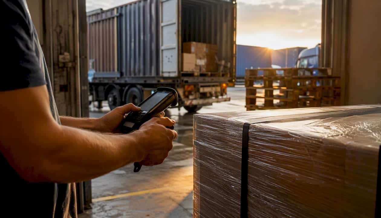 Ein Mitarbeiter überprüft mit einem Scanner das Containerschloss am Umschlagplatz.
