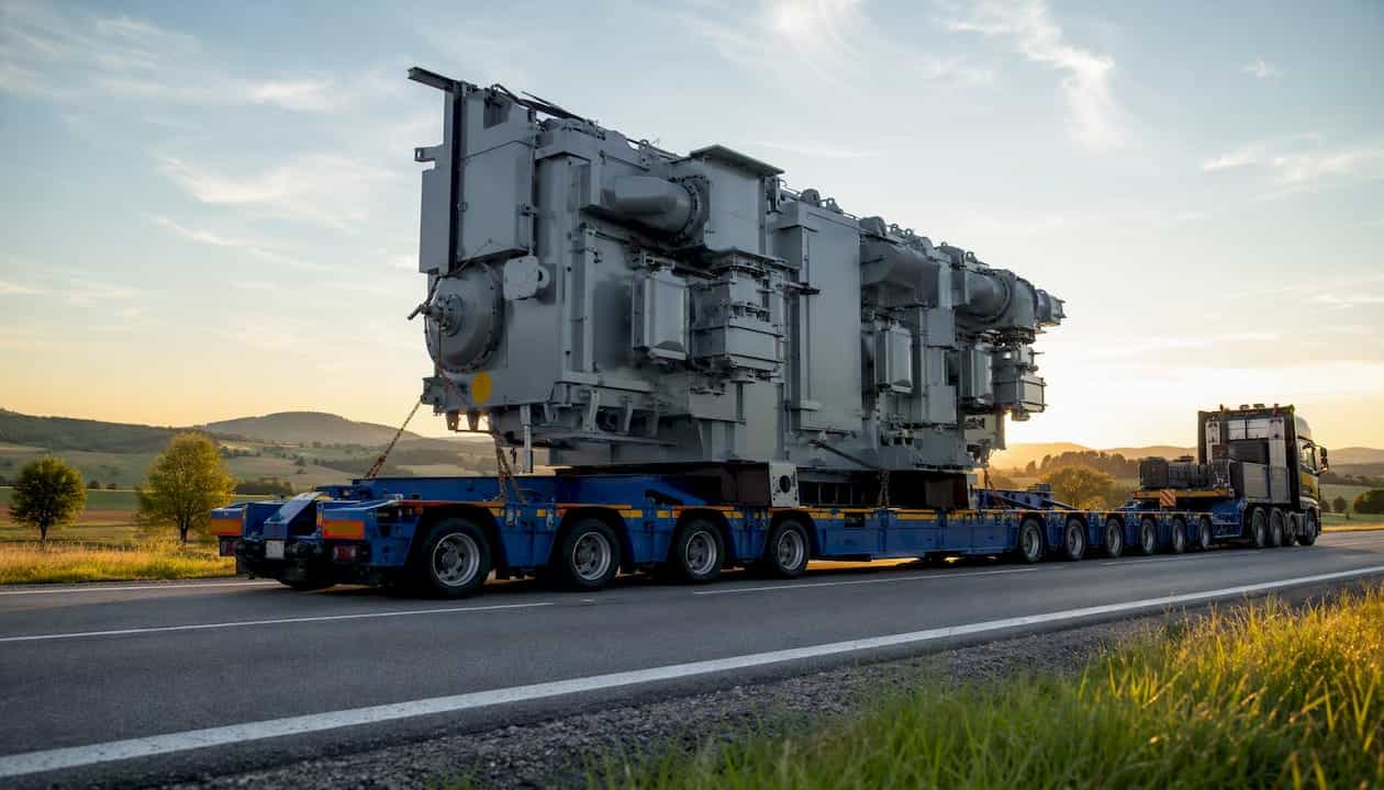 Ein übergroßes Industriegerät wird auf einem Tieflader transportiert.