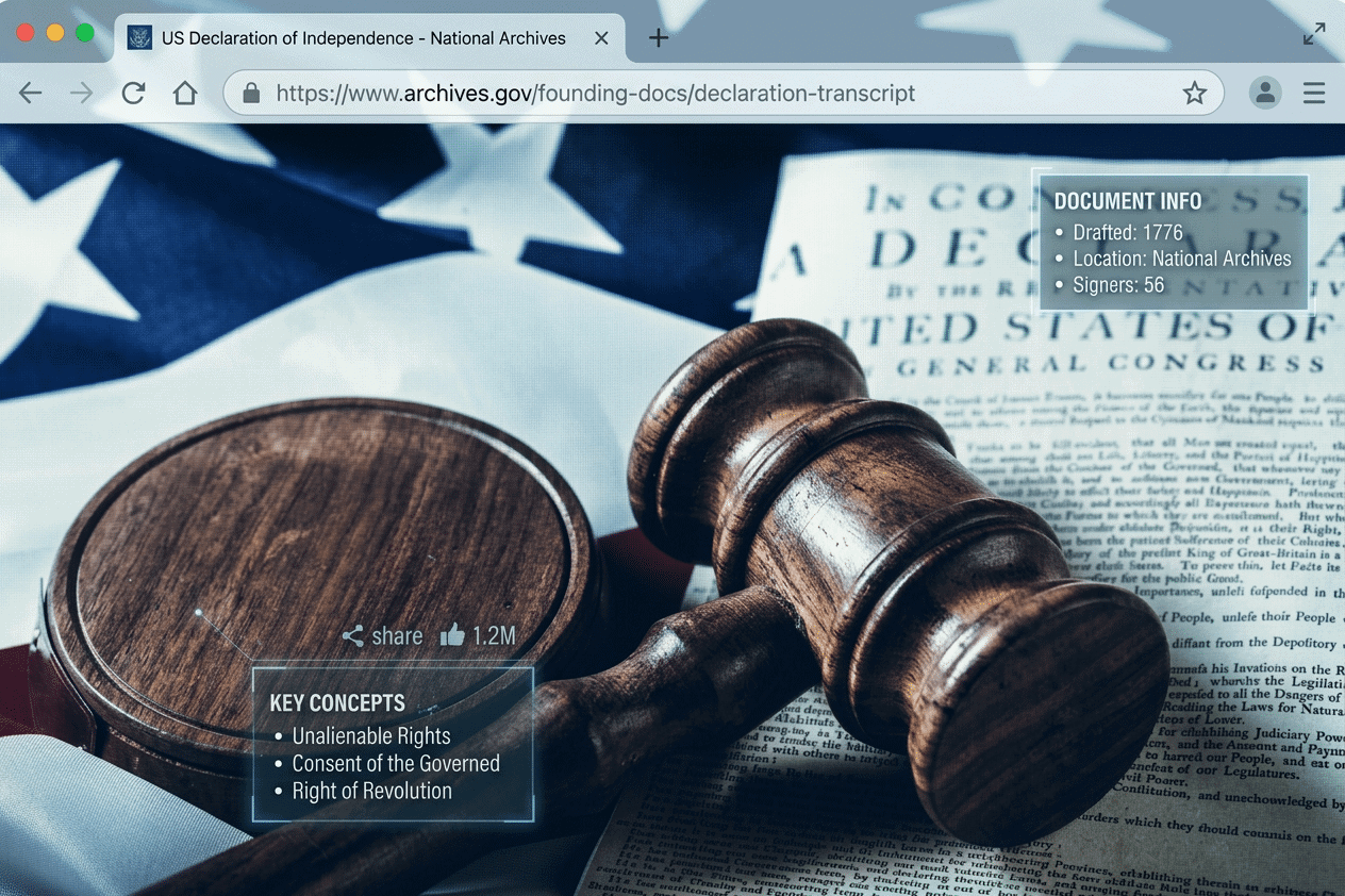 US Declaration of Independence document with gavel, key concepts: unalienable rights, consent of the governed, right of revolution.