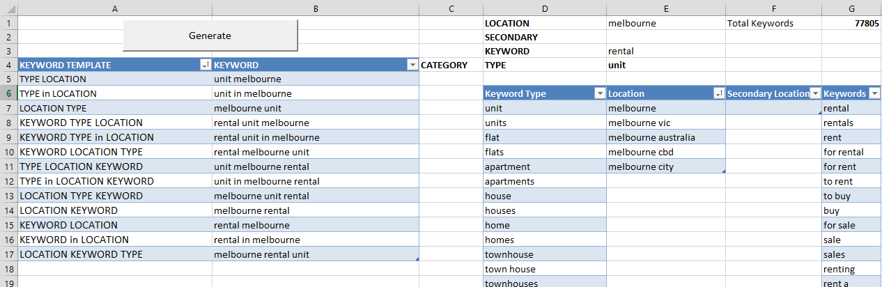 Keyword builder in Excel