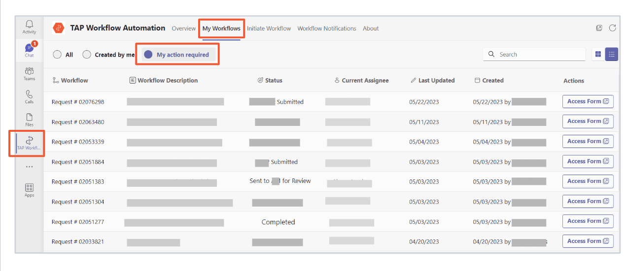 Manage your workflow dashboard without leaving your Teams app. Review your open action items, approve or escalate, all within the TAP Teams app.