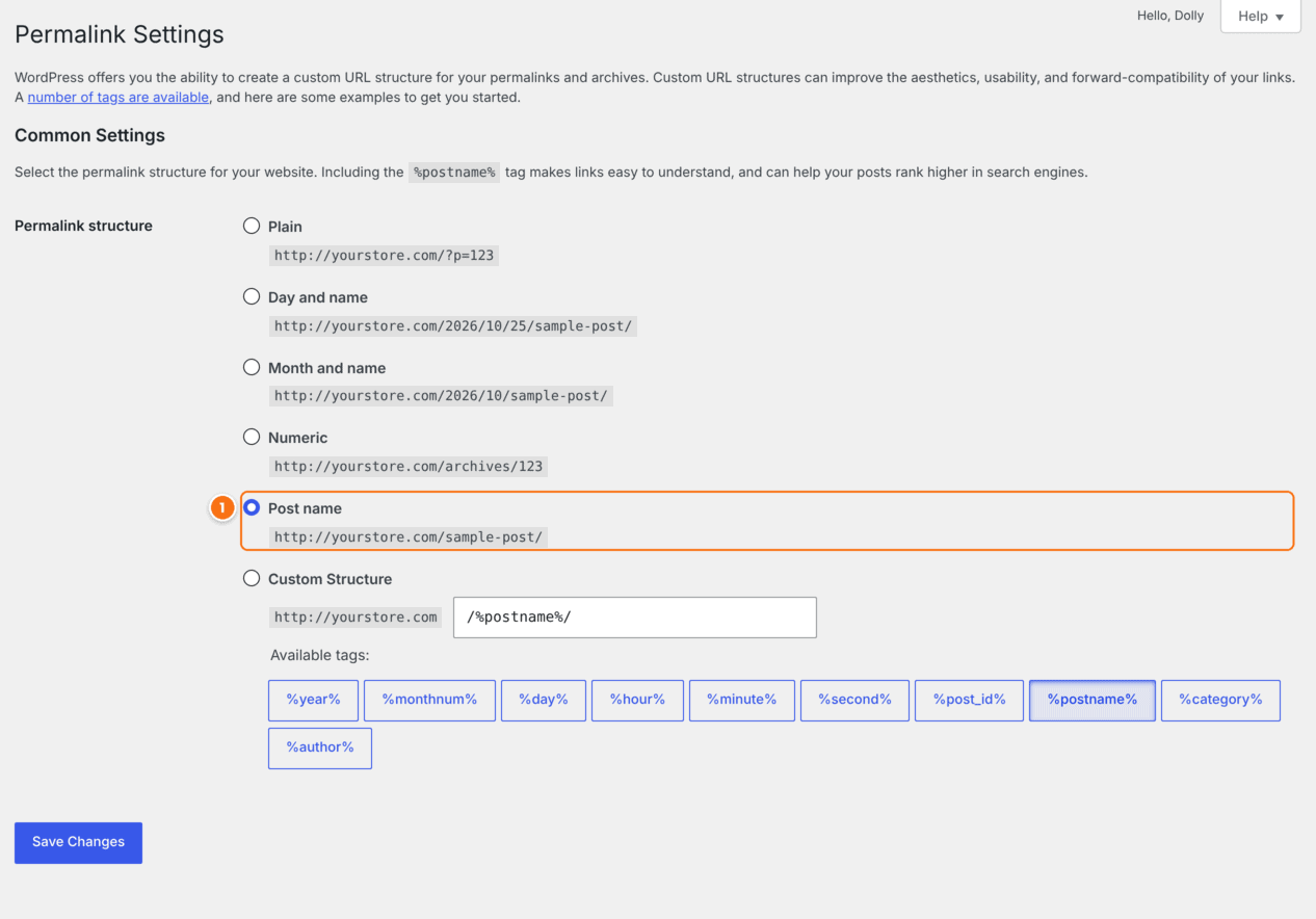WordPress Permalink Settings screen with the Post name permalink structure selected and the Save Changes button